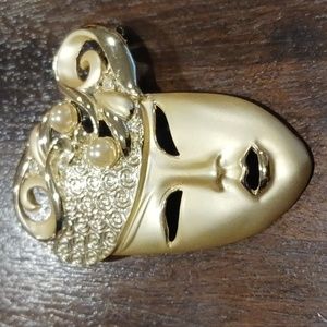 Vintage Large Mask Masquerade Brooch/Pin goldtone faux Pearl rhinestone  3/4"×2"